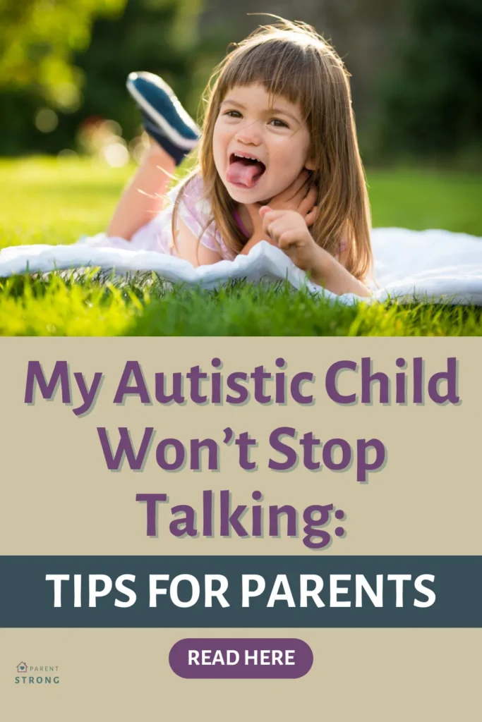 A chi9ld laying in a picnic mat smiling with a text overlay that reads as My Autistic Child Won’t Stop Talking Tips for Parents