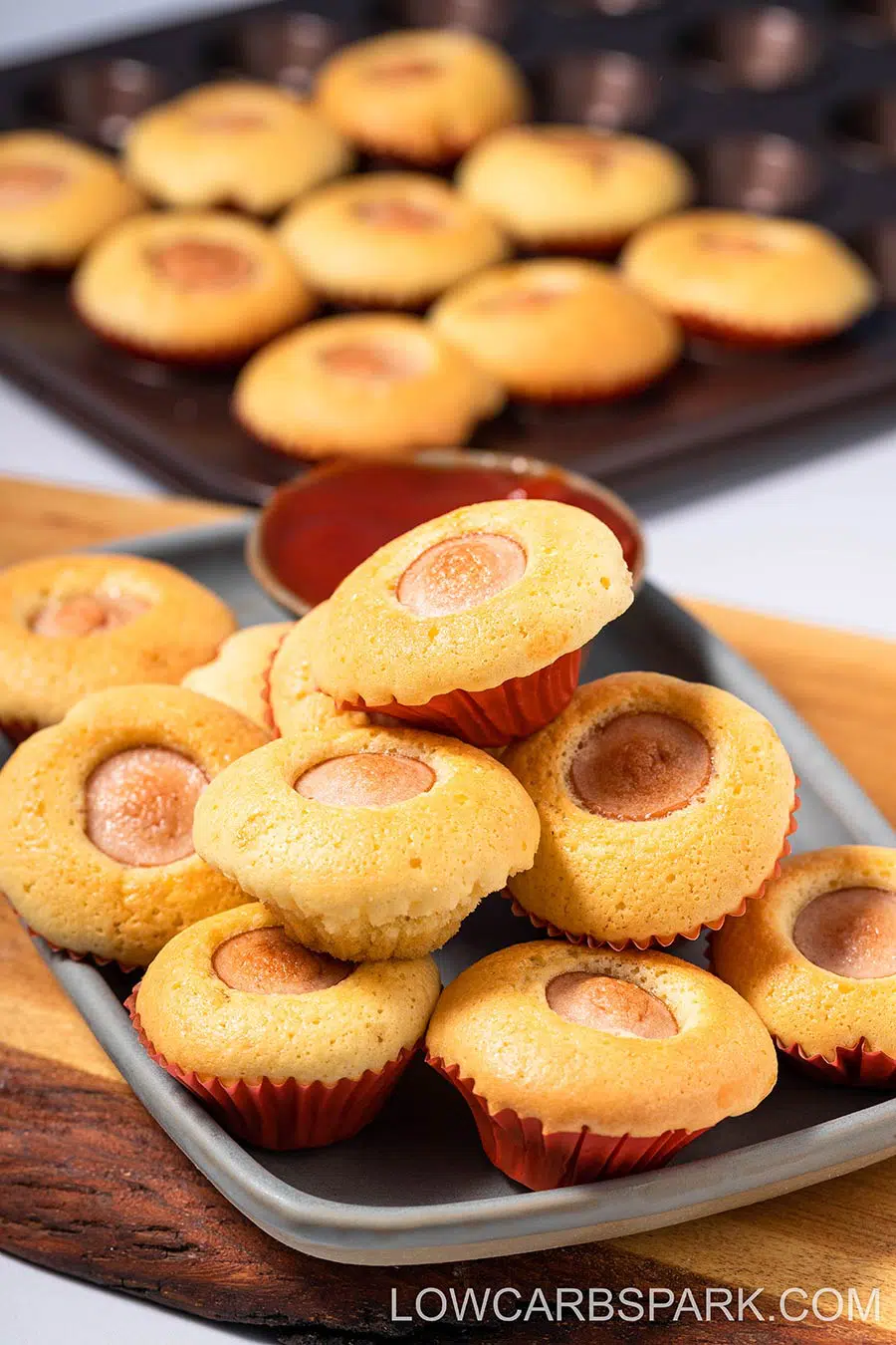 Mini corn dog muffins on a pan