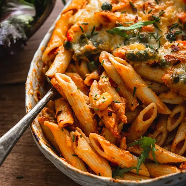 Tomato sauce on penne pasta, made in airfryer