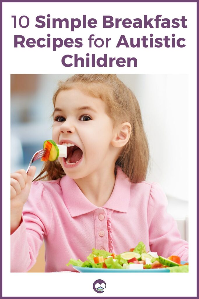 10 Simple Breakfast Recipes for Autistic Children; girl is eating from plate of salad and taking a bite of various veggies with her mouth open wide