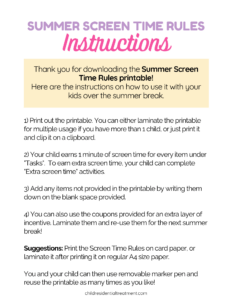 Parent instructions for screen time coupons