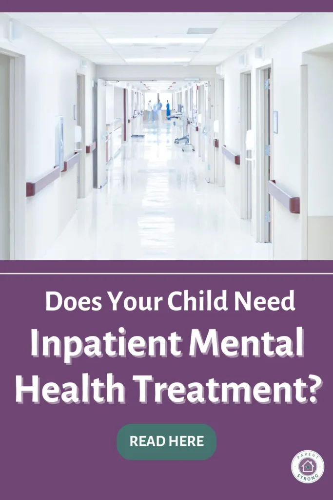 A long white hospital hallway with a text overlay that reads as Does Your Child Need Inpatient Mental Health Treatment.