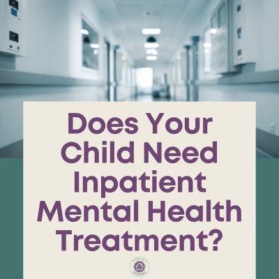 A long white hospital hallway with a text overlay that reads as Does Your Child Need Inpatient Mental Health Treatment.