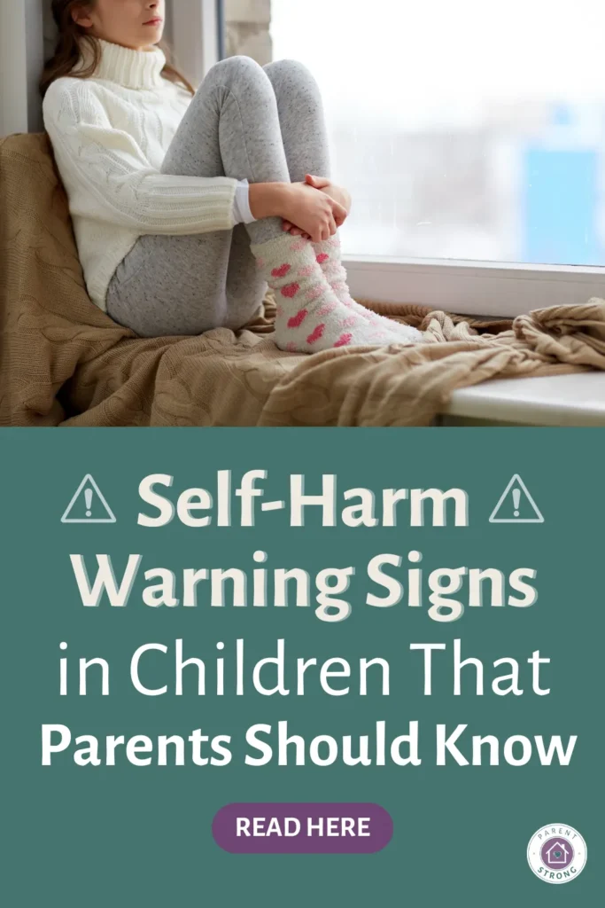 A girl sitting on a window sill with atext overlay that reads as Self-Harm Warning Signs in Children That Parents Should Know.