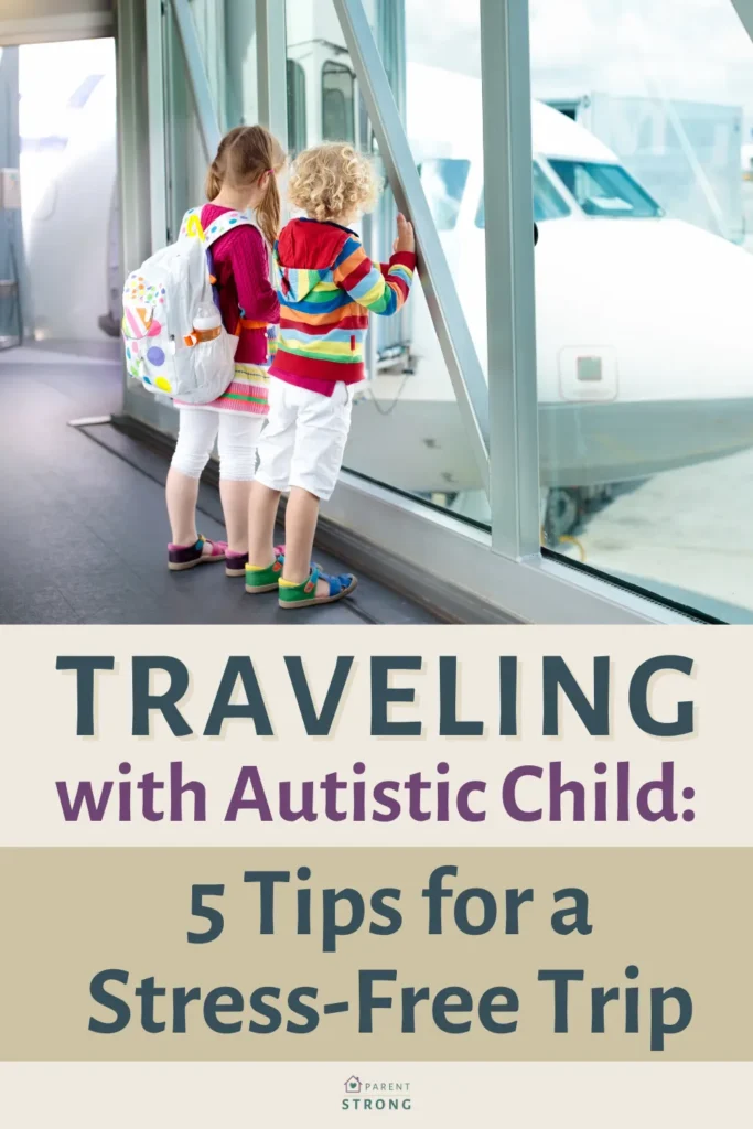 A group of children looking out a airport window with a text overlay that reads as Traveling with Autistic Child 5 Tips for a Stress-Free Trip.