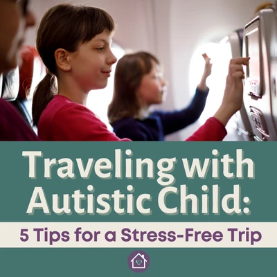 A group of children on an airplane with atext overlay that reads as Traveling with Autistic Child 5 Tips for a Stress-Free Trip.