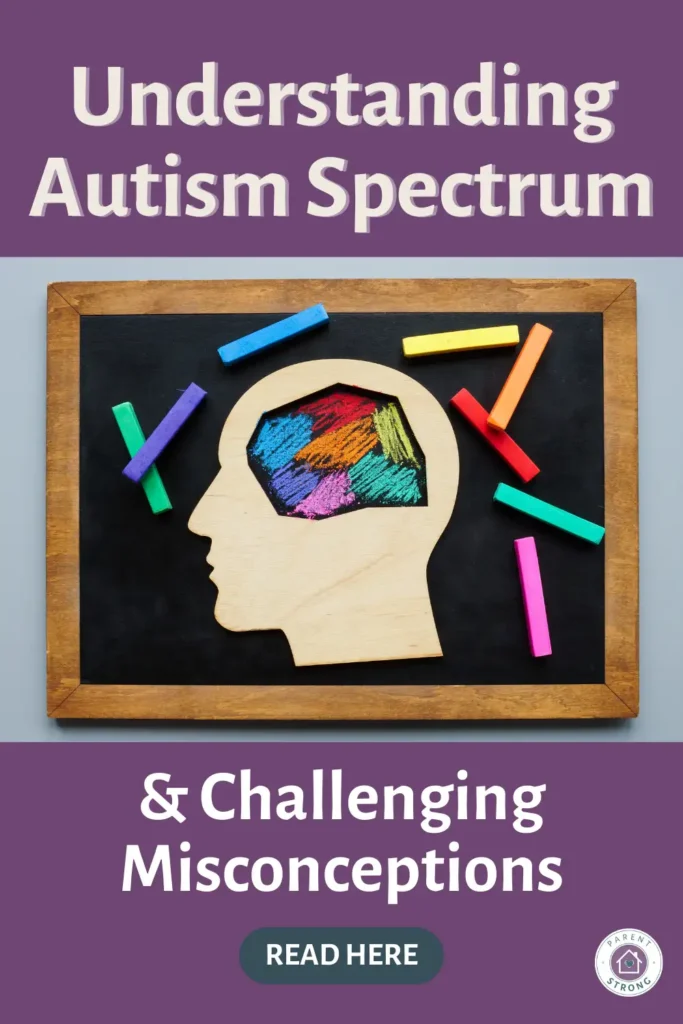 A blackboard with a drawing of a head and colorful chalks with atext overlay that reads as Understanding Autism Spectrum & Challenging Misconceptions.