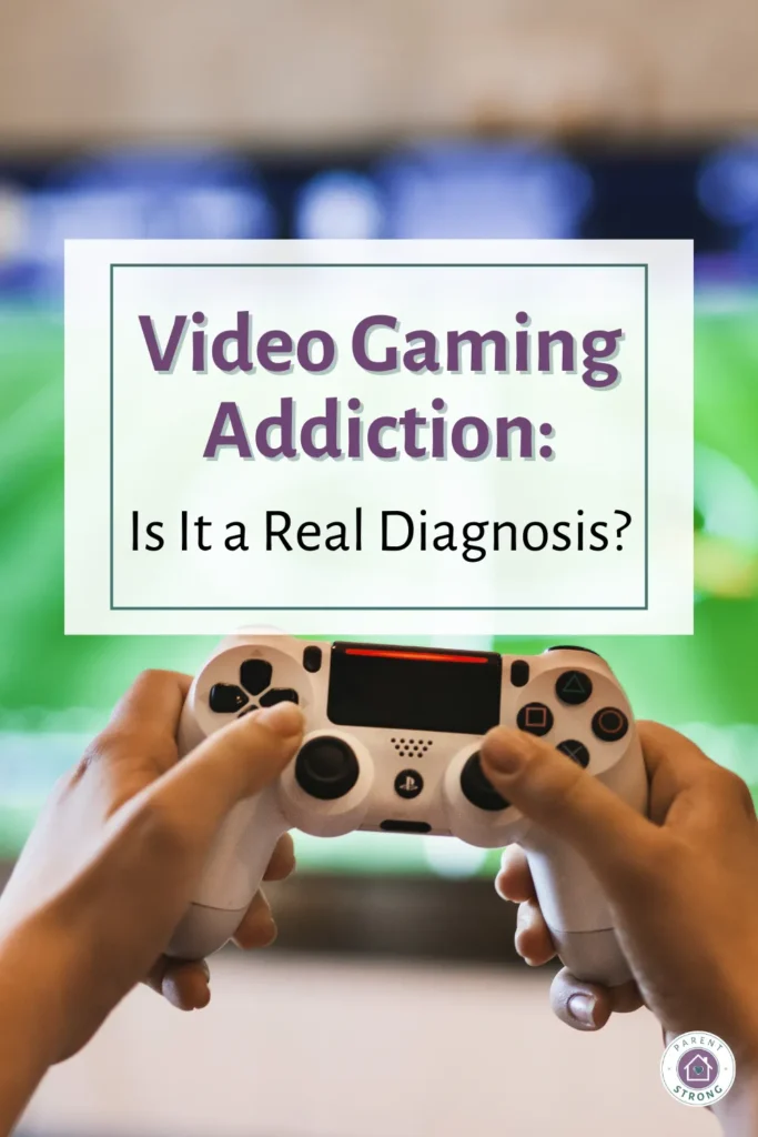 A person holding a video game controller with a text overlay that reads as Video Gaming Addiction Is It a Real Diagnosis?