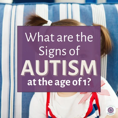 A baby with pigtails on a blue and white striped chair with a text overlay that reads as What are the Signs of Autism at Age 1.