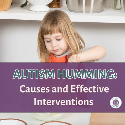 A little girl sitting at a table with a plate of food in front of her and a text that reads as Autism Humming Causes and Effective Interventions.