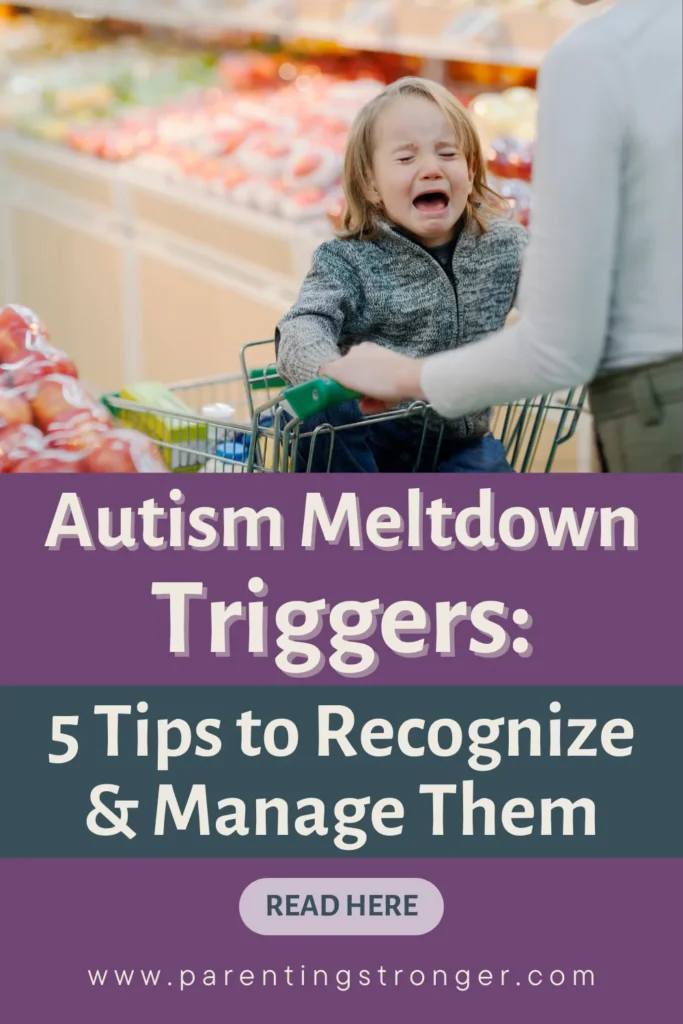 a child in a shopping cart with the words Autism Meltdown Triggers 5 Tips to Recognize & Manage Them