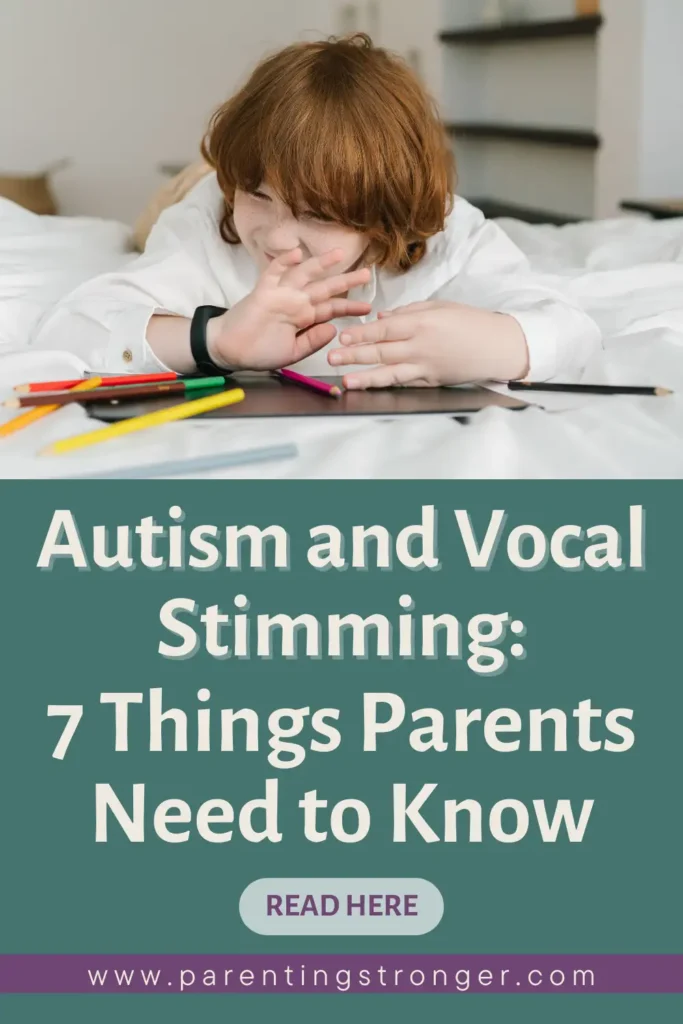 A young girl laying in bed with her hands on her face with a text overlay that reads as Autism and Vocal Stimming 7 Things Parents Need to Know.