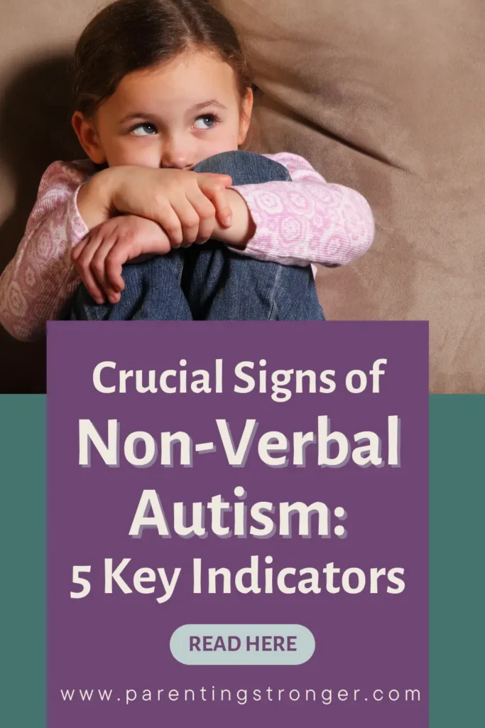 A little girl sitting on a couch with her arms crossed with a text that reads as Crucial Signs of Non-Verbal Autism 5 Key Indicators