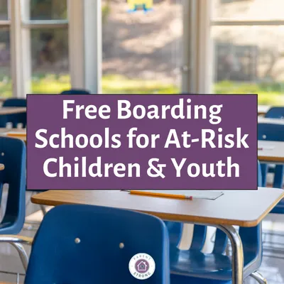 a classroom filled with desks and chairs with the words Free Boarding Schools for At-Risk Children & Youth .