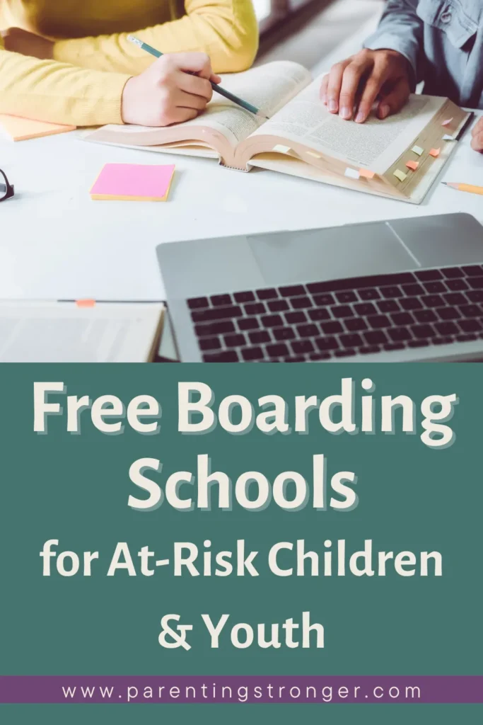 two people sitting at a table with a laptop and notebook with atext that reads as Free Boarding Schools for At-Risk Children & Youth.