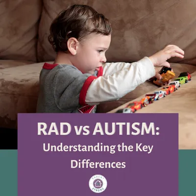 A young boy playing with a toy on top of a table with a text that reads as RAD vs Autism Understanding the Key Differences.