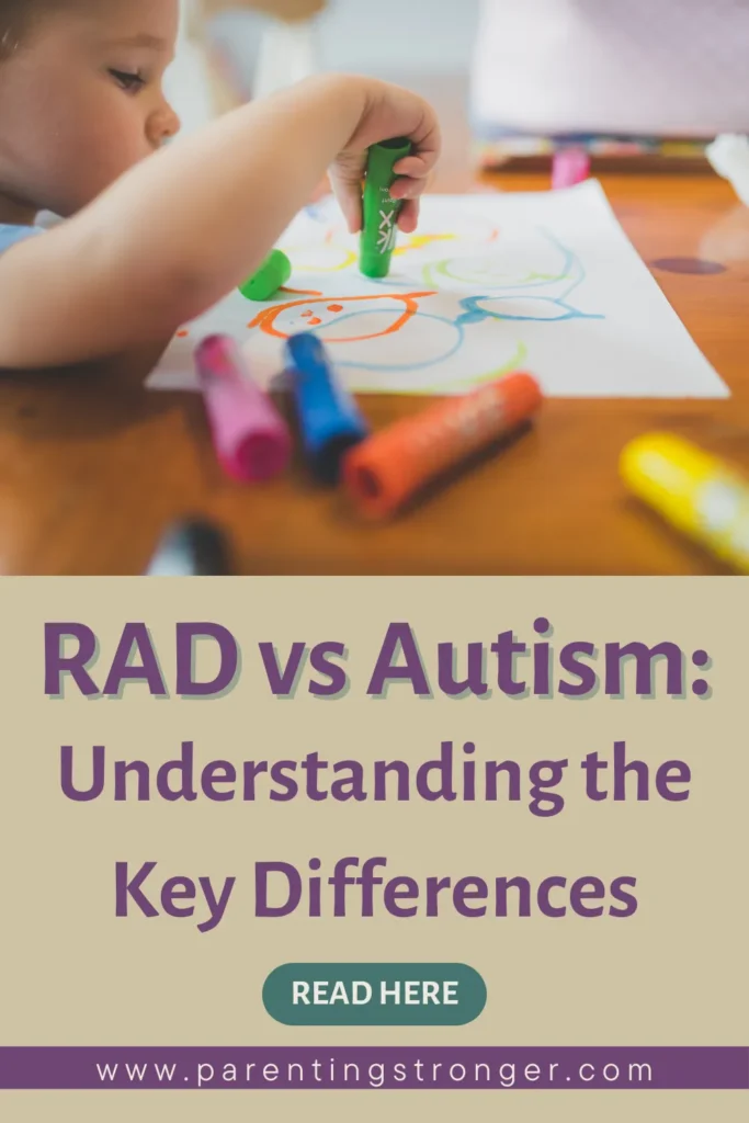 A young child is drawing with crayons on a piece of paper with a text that reads as RAD vs Autism Understanding the Key Differences.