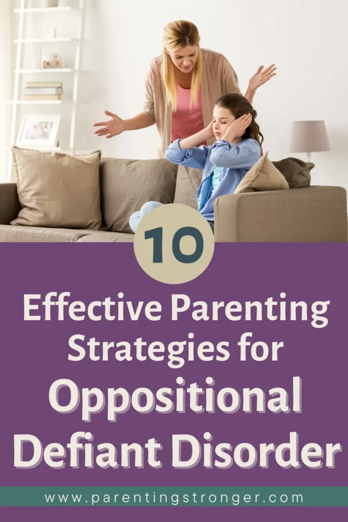 A poster with text "10 Effective Parenting Strategies for Oppositional Defiant Disorder" and a visible website URL.