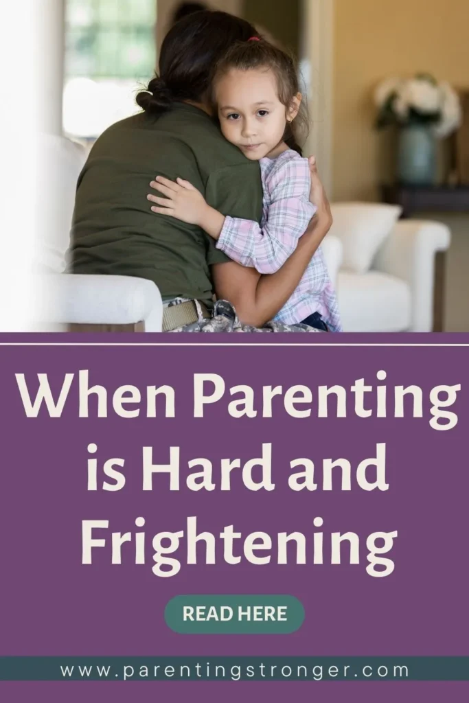 A woman hugging a child with the words For Mom at the Slide When Parenting is Hard and Frightening.