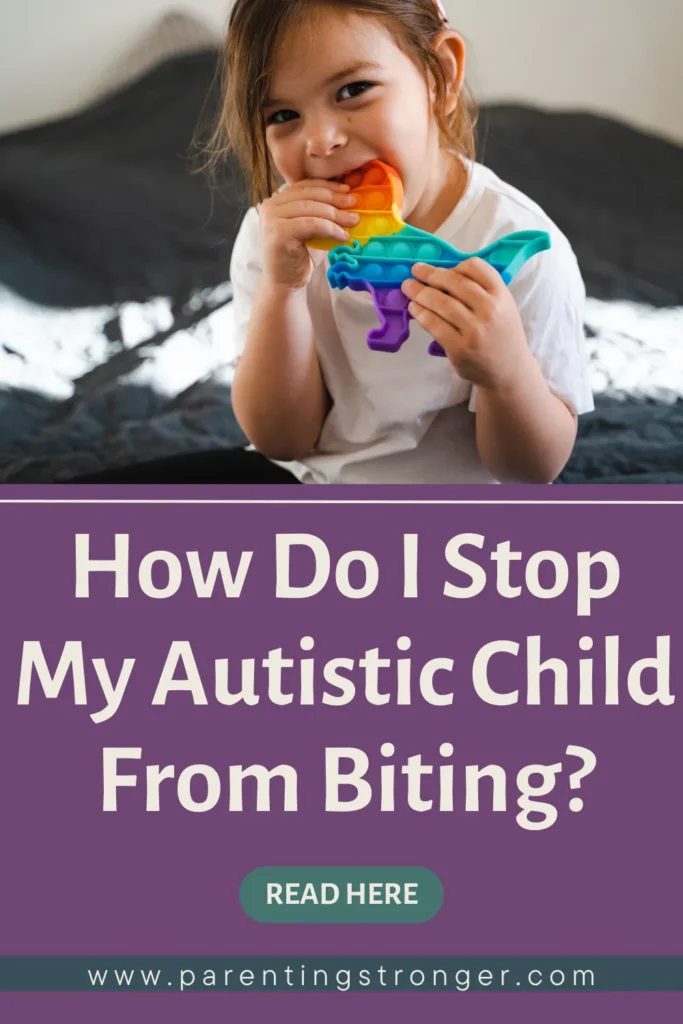 A child biting a rainbow colored toy with words How Do I Stop My Autistic Child From Biting.