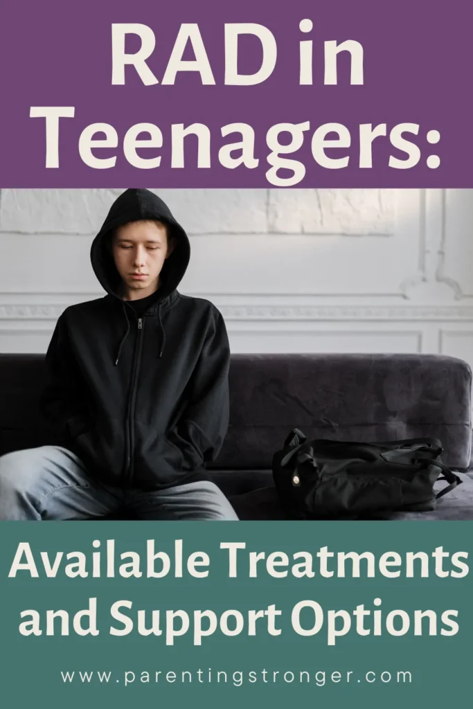 A teen sitting in a sofa with words RAD in Teenagers Available Treatments and Support Options.